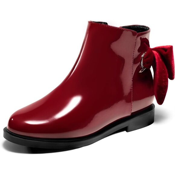 🆕Girls Wine Red Faux Leather Ankle Bow Chunky Low Heel Side Zipper Dress Boot - Picture 6 of 8